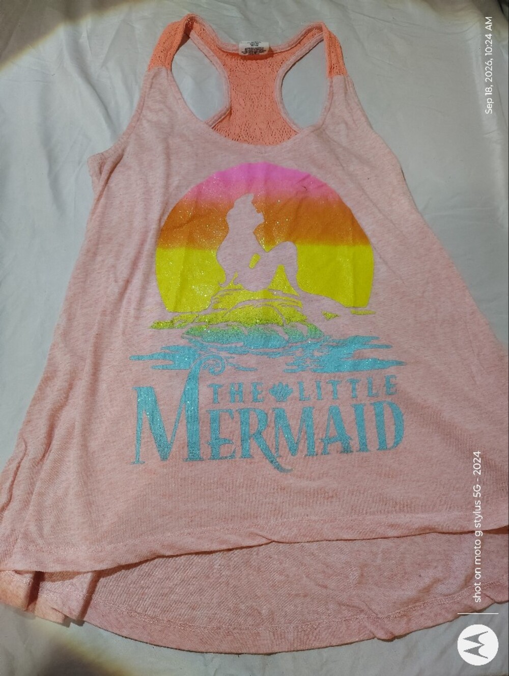 Disney Little Mermaid Ariel Pink Glitter Graphic Racerback Tank Top L